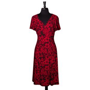 Chaps Ralph Lauren Women's Dress Red Floral Stretch V-Neck Fit Flare Sheath S